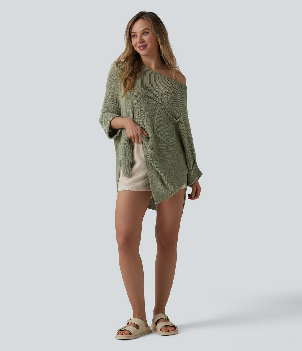 Pull décontracté oversize asymétrique demi-manches ourlet fendu avec poche