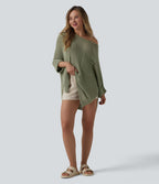 Pull décontracté oversize asymétrique demi-manches ourlet fendu avec poche