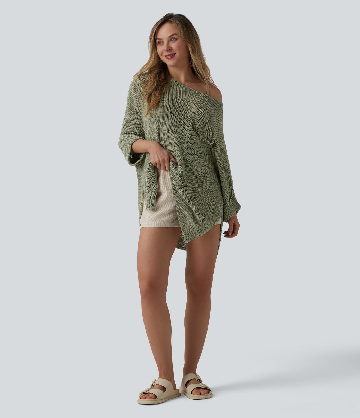 Pull décontracté oversize asymétrique demi-manches ourlet fendu avec poche