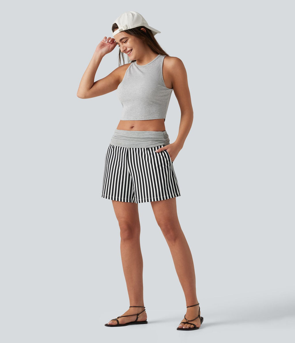 Short ample taille basse froncé à rayures avec poches, style vacances