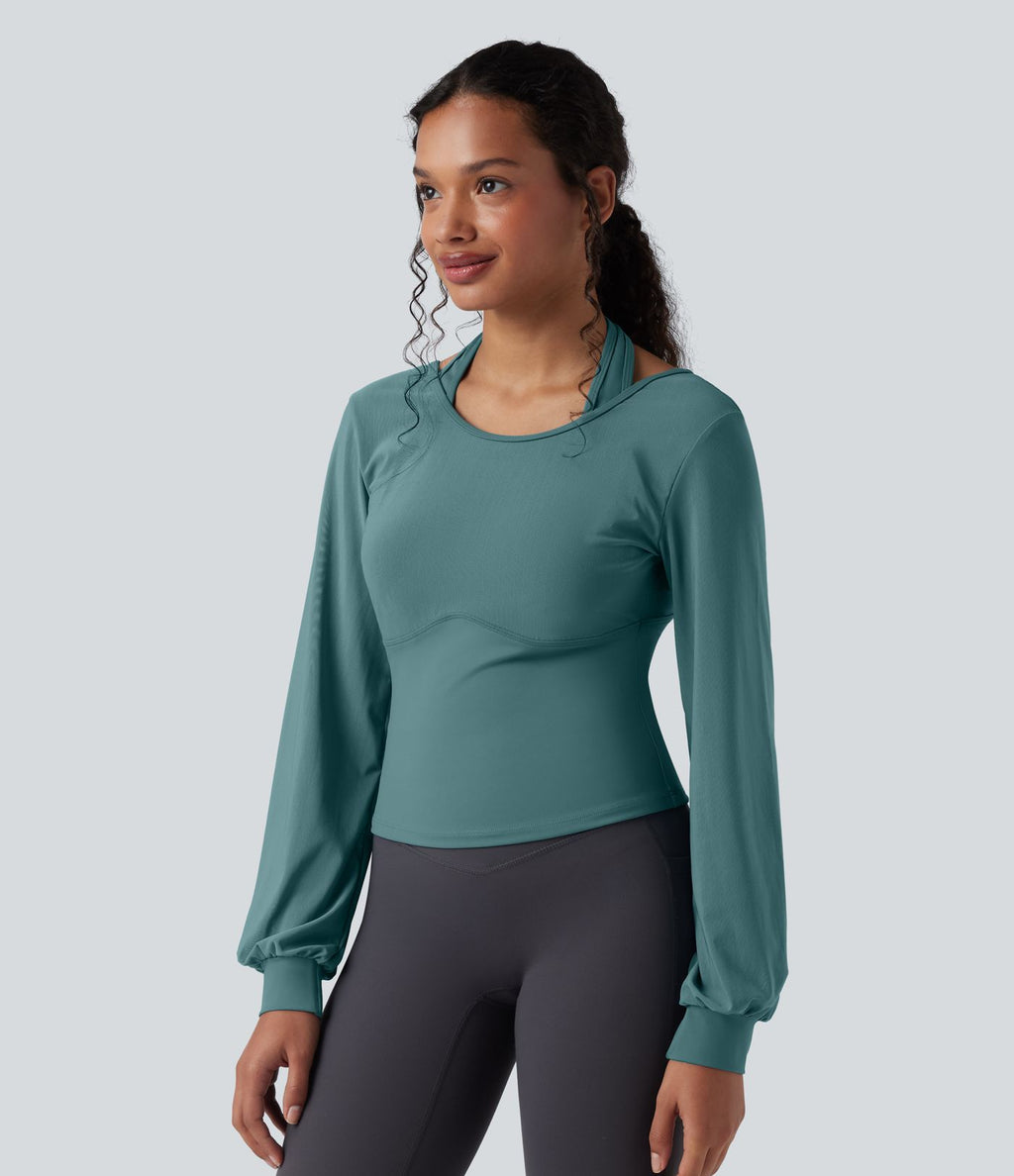 Haut de sport de yoga SoftlyZero™ aérien dos nu dos-nu manches longues bishop mesh contrastant - UPF50+