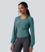 Haut de sport de yoga SoftlyZero™ aérien dos nu dos-nu manches longues bishop mesh contrastant - UPF50+