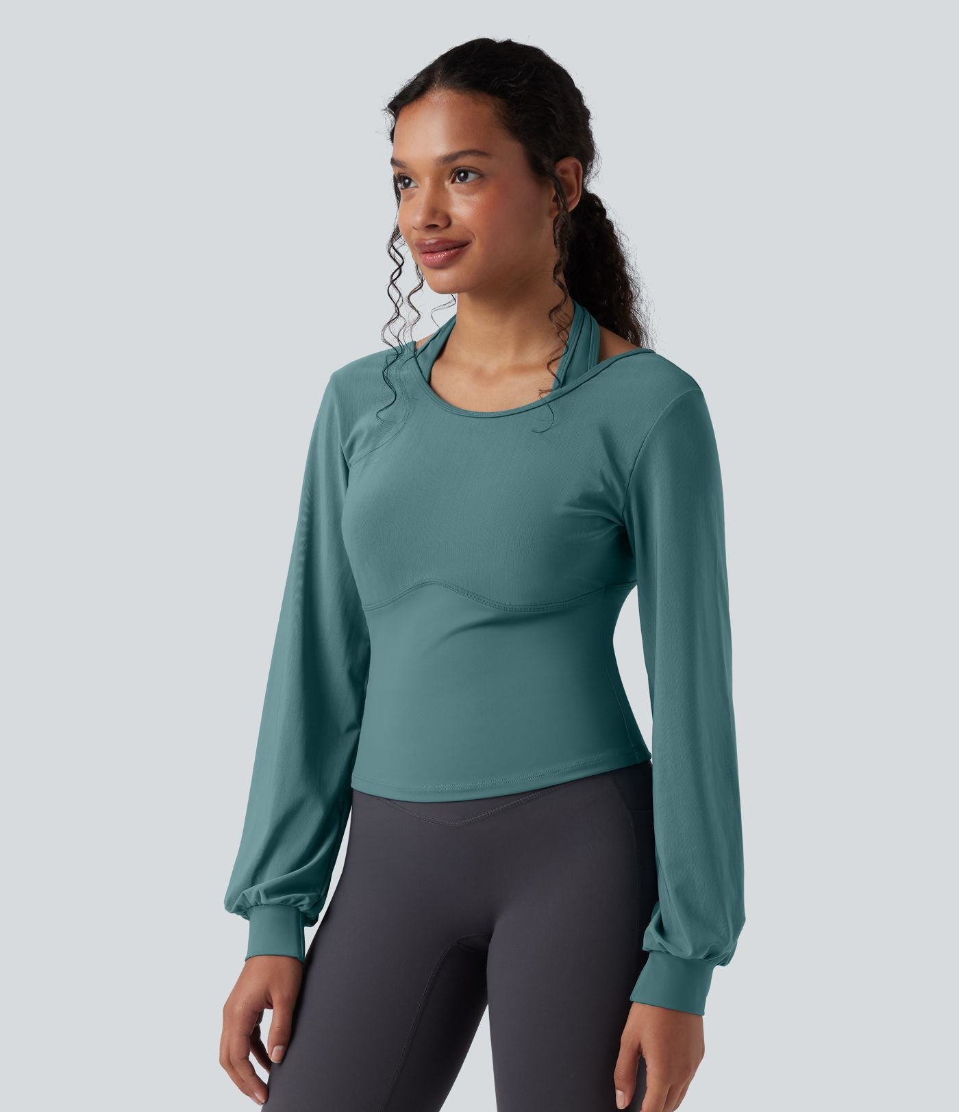 Haut de sport de yoga SoftlyZero™ aérien dos nu dos-nu manches longues bishop mesh contrastant - UPF50+