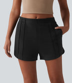 Short casual taille mi-haute à plis piqués, ourlet arrondi et poches, 7,5 cm