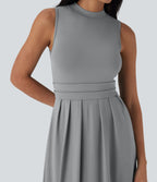 Robe longue décontractée sans manches à col montant, coupe évasée et poches latérales