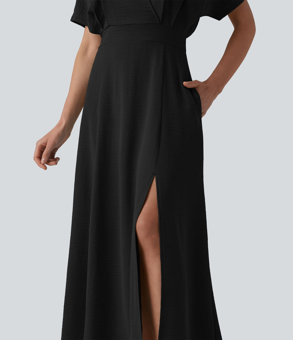 Robe midi col V manches courtes aspect lin avec poches