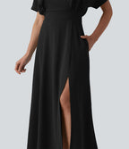 Robe midi col V manches courtes aspect lin avec poches