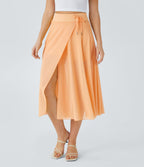 Jupe Casual Évasée Mesh Mi-Longue Fuide 2 en 1 Contrastée Taille Haute Cordon Poche Latérale