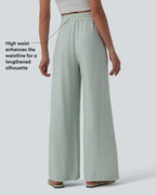 Pantalon casual large mélange lin taille haute avec cordon de serrage et poches