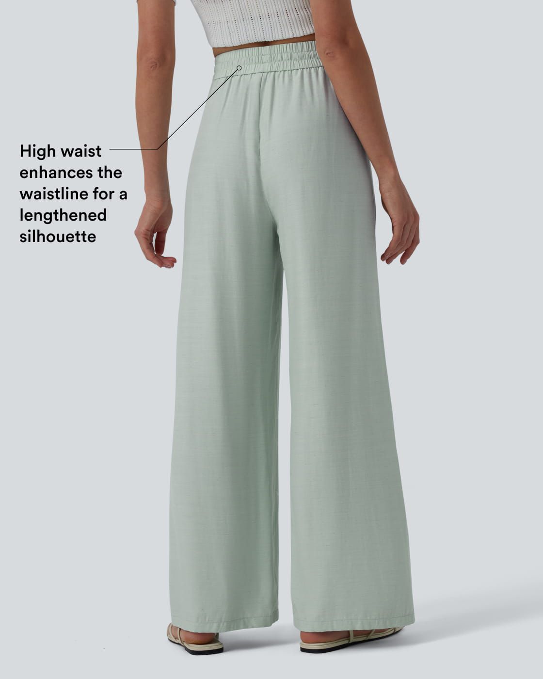 Pantalon casual large mélange lin taille haute avec cordon de serrage et poches