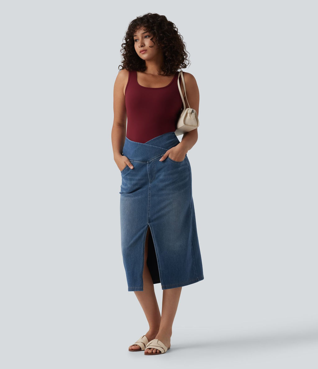 Halara Flex™ Jupe droite casual en jean asymétrique taille haute ventre plat avec fente et poches