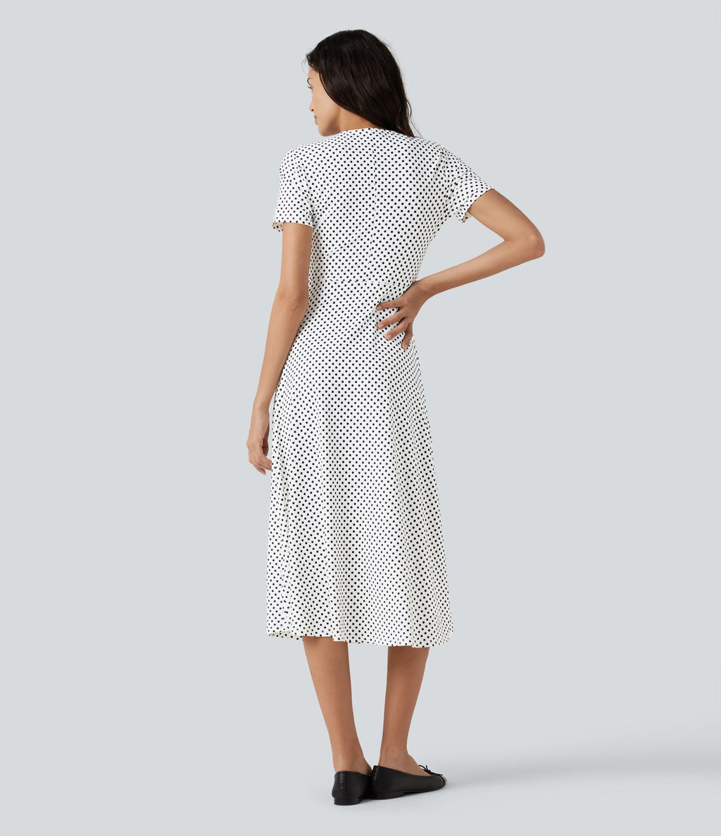 Robe midi décontractée à pois, col V, manches courtes