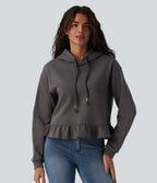 Sweat-shirt décontracté en coton à capuche avec cordon de serrage manches longues ourlet à volants