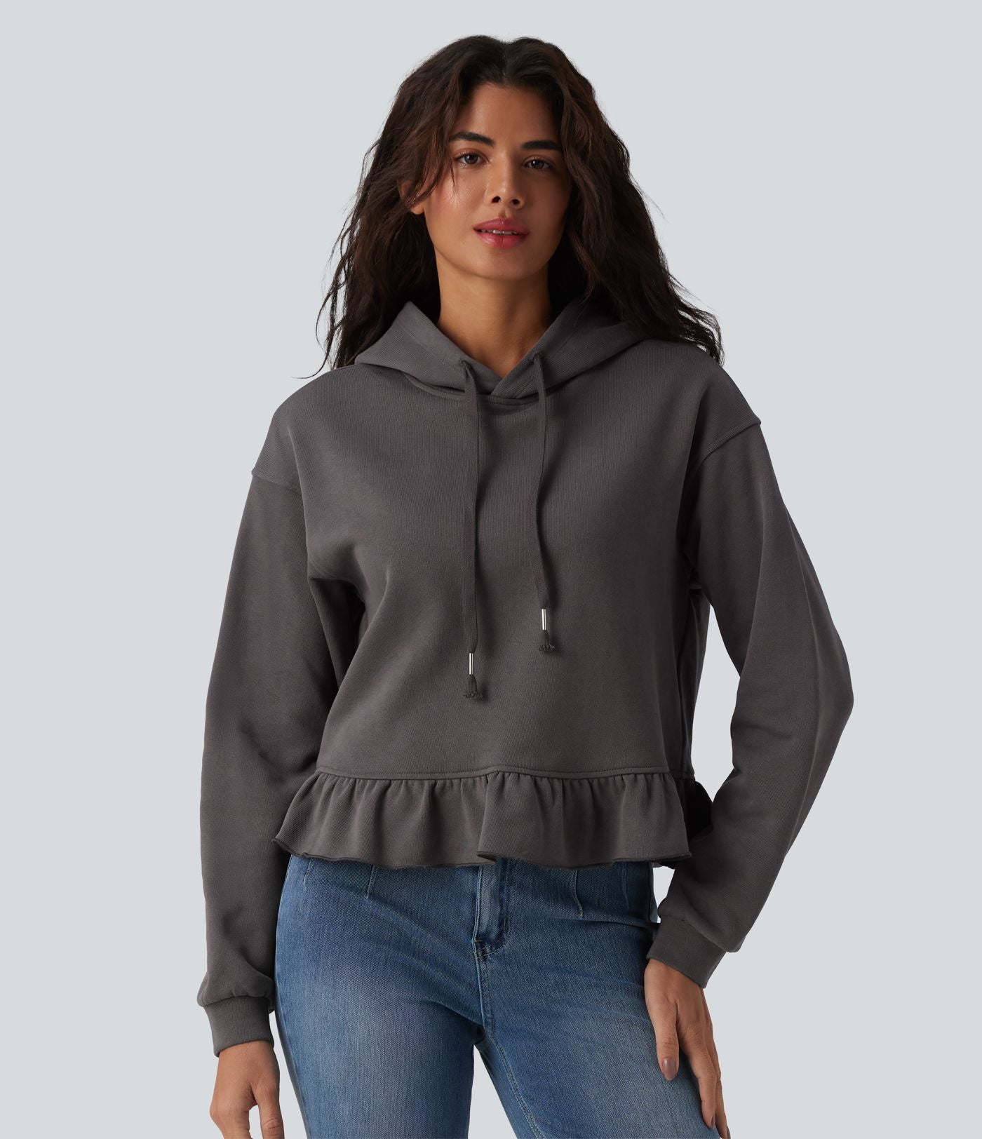 Sweat-shirt décontracté en coton à capuche avec cordon de serrage manches longues ourlet à volants