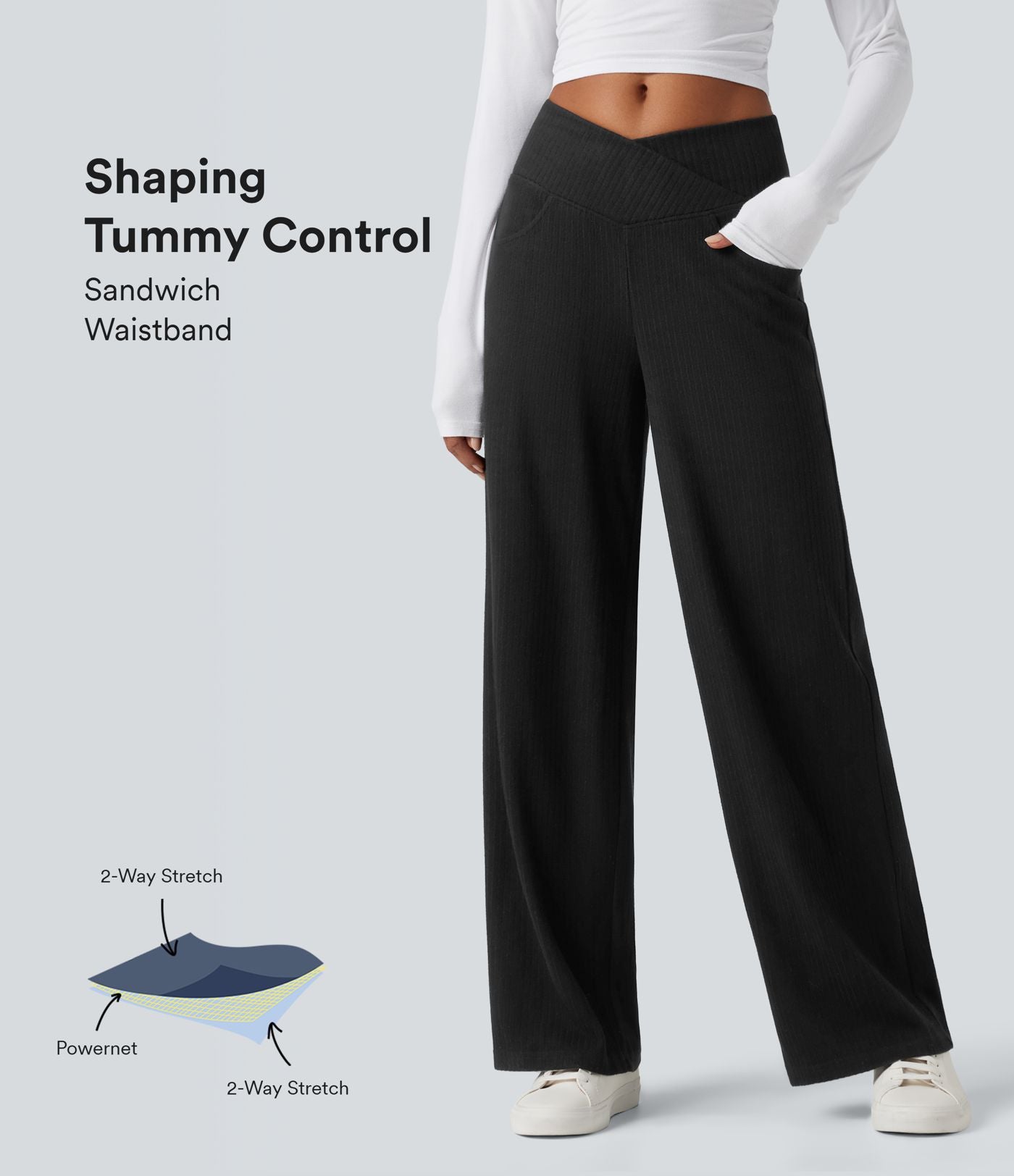 Pantalon droit décontracté côtelé croisé gainant taille haute avec poches