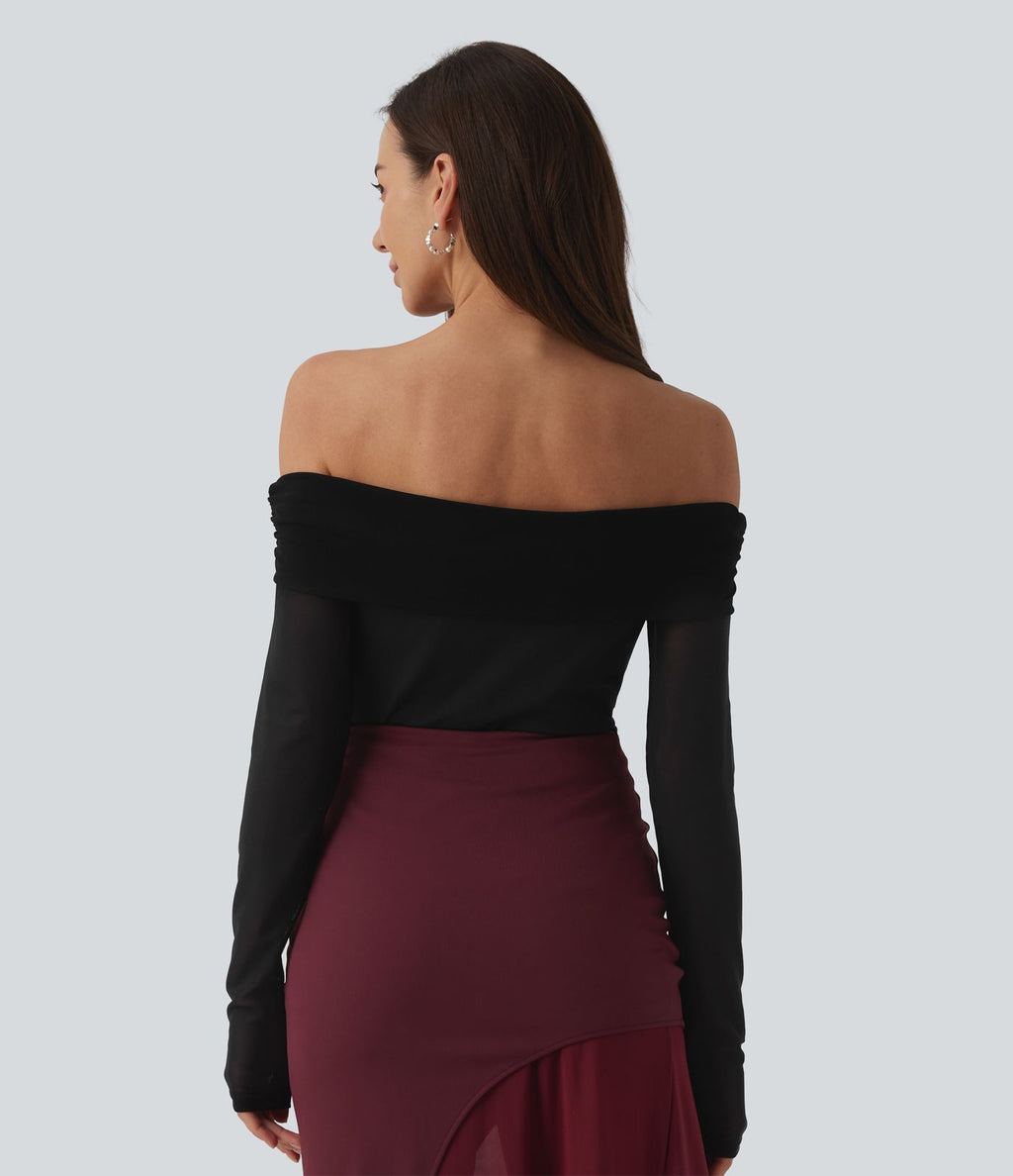 Haut SoftlyZero™ Plush épaules dénudées mesh manches longues