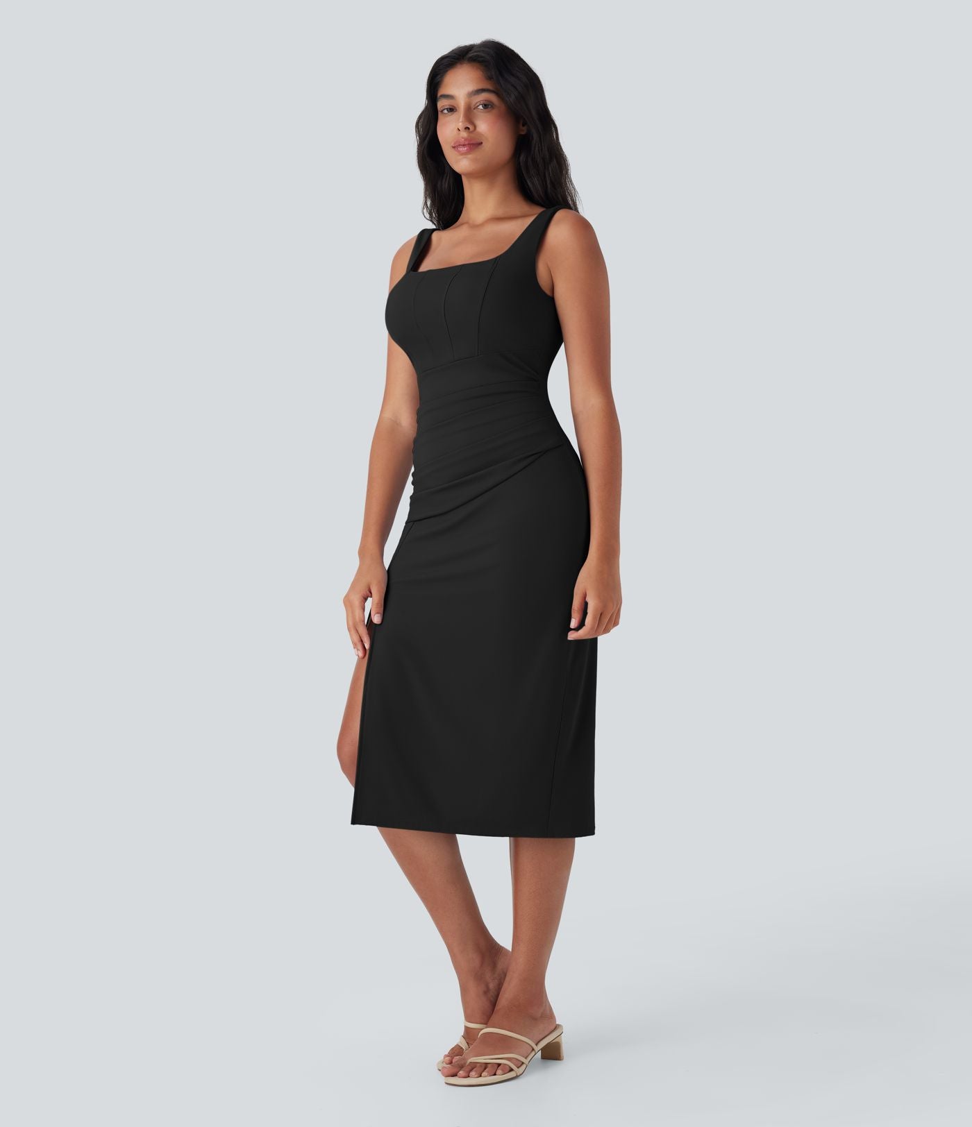 Robe moulante mi-longue SoftlyZero™ Airy col carré corset froncée effet frais InstantCool, bonnets E-G