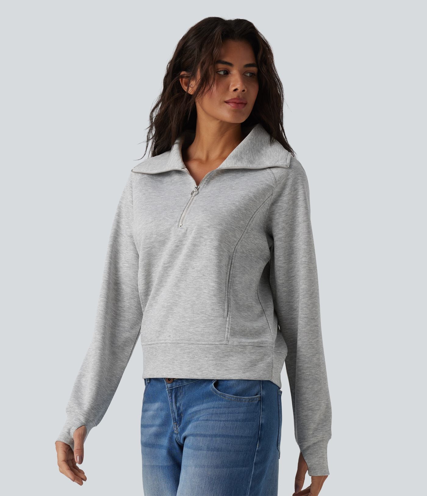 Sweat-shirt décontracté col revers demi-zip manches longues avec trous pour pouces et poches