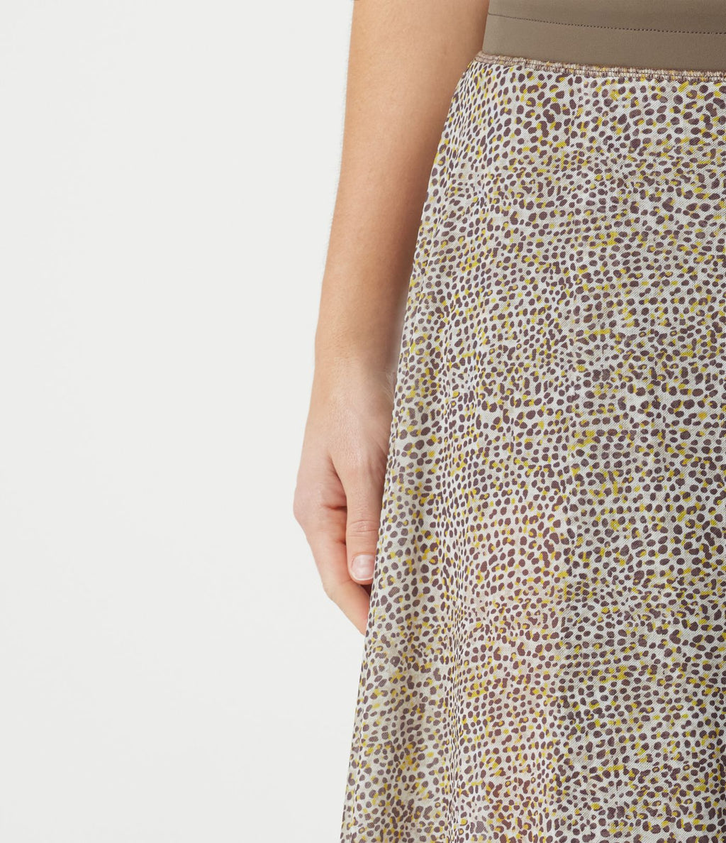 Jupe midi évasée fluide 2-en-1 taille haute imprimé léopard, cordon de serrage et empiècements en maille contrastée, avec poches