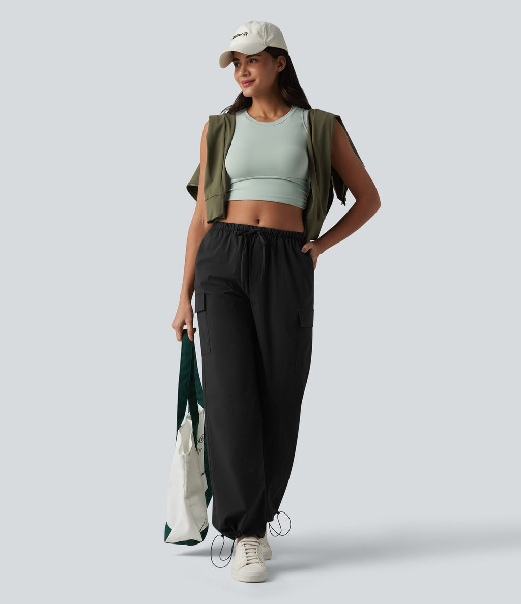 Pantalon cargo casual droit taille mi-haute avec cordon de serrage et poches