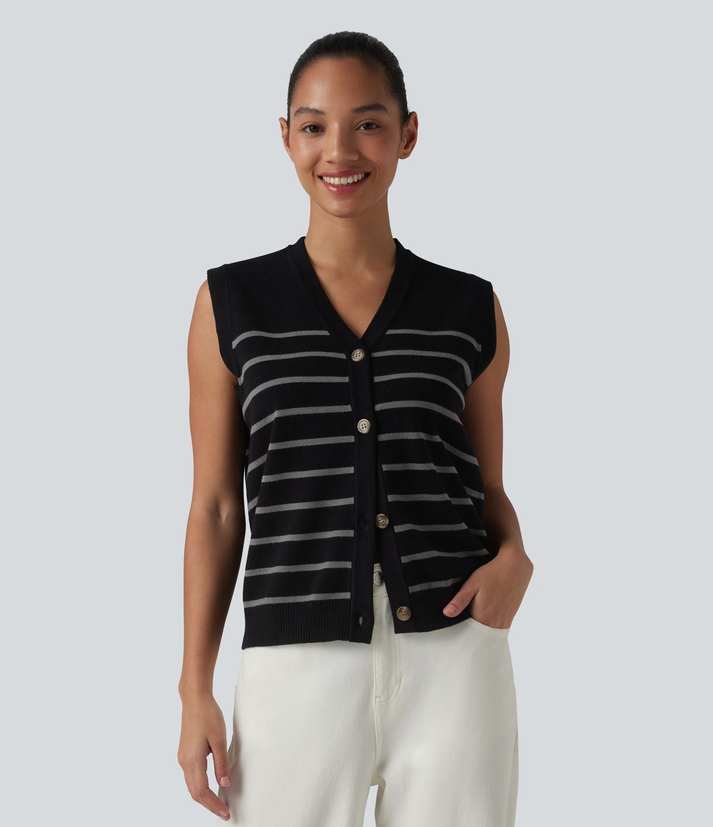 Gilet casual rayé à col V et boutonnière
