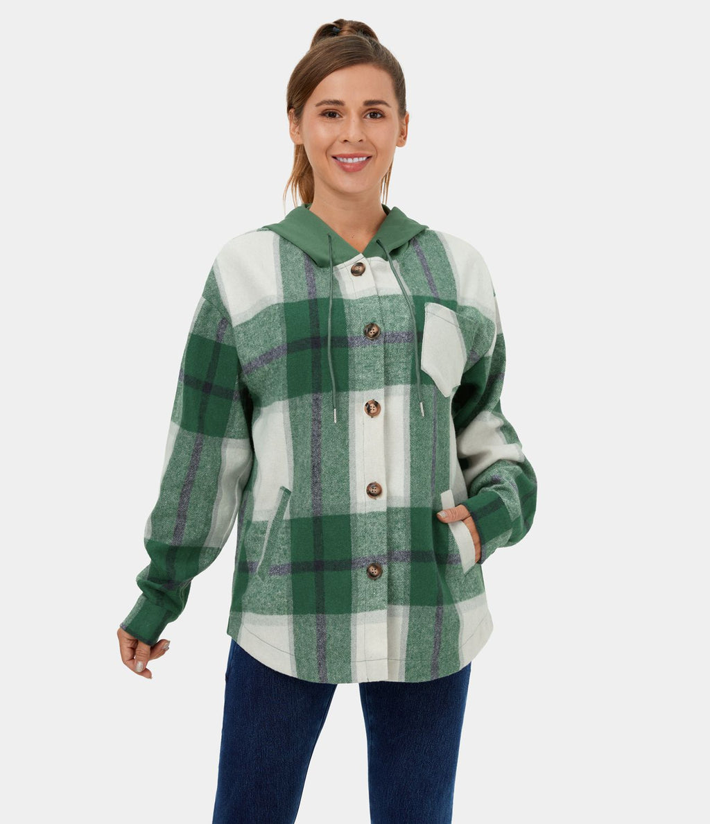 Veste de Casual à Carreaux en Polaire à Capuche avec Cordon de Serrage Boutons et Poches Latérales