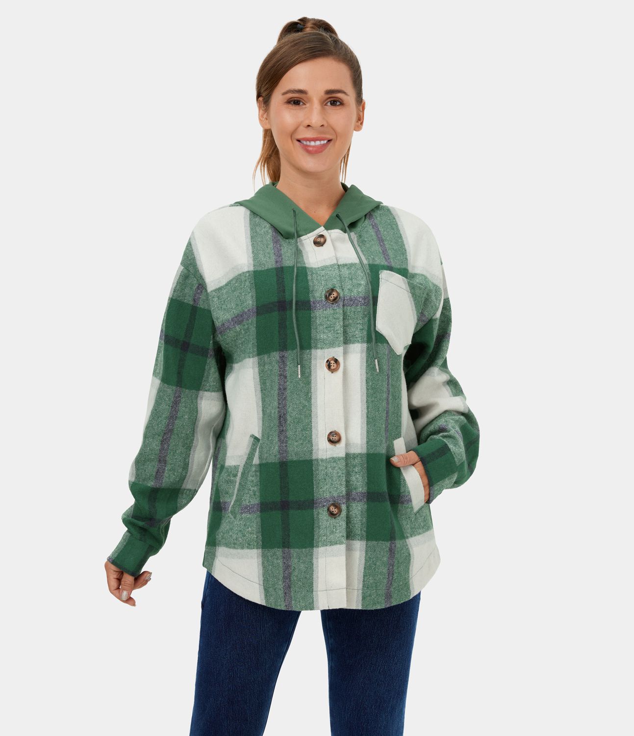 Veste de Casual à Carreaux en Polaire à Capuche avec Cordon de Serrage Boutons et Poches Latérales
