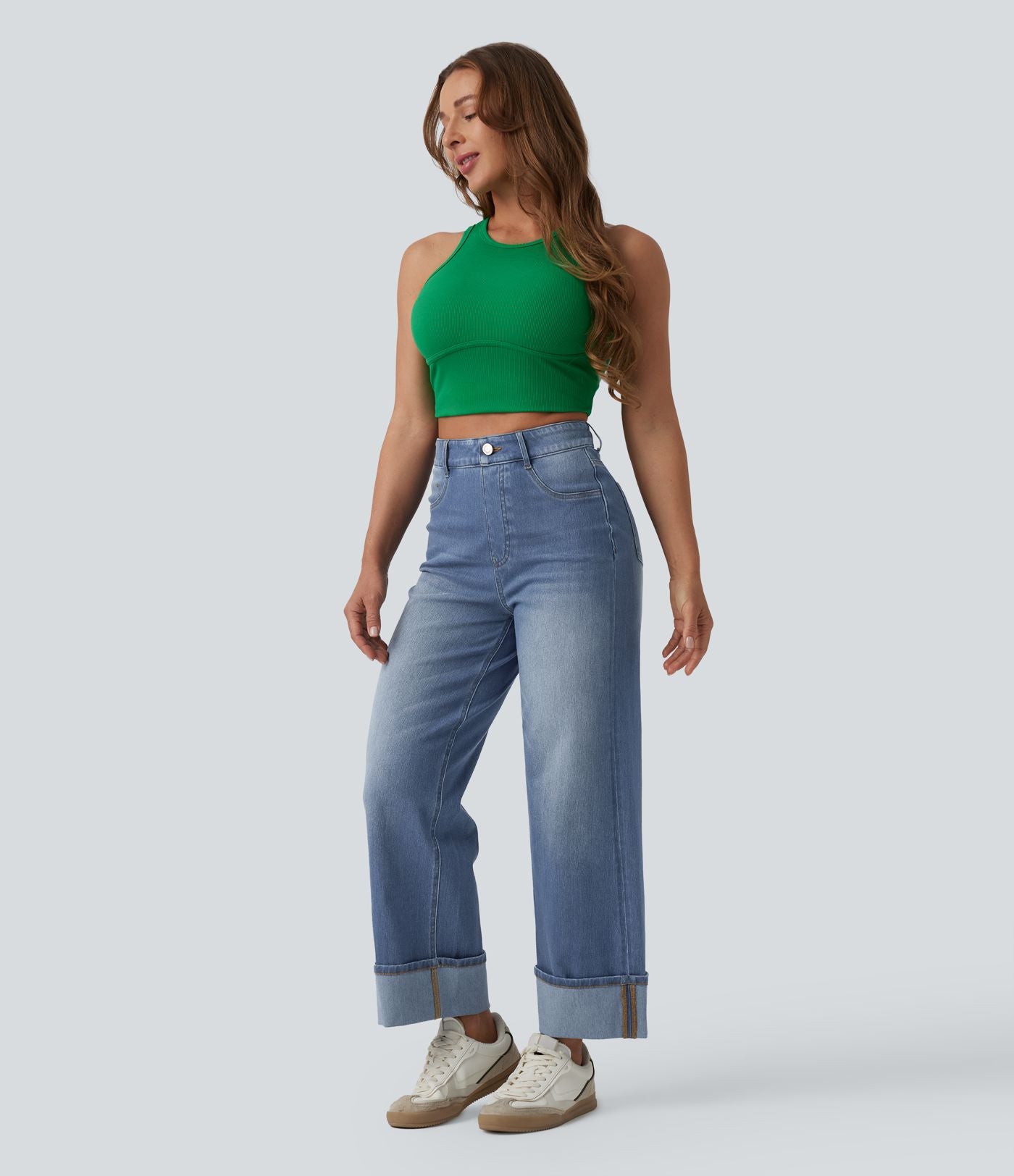 Jean large 7/8 décontracté Halara Flex™ délavé gainant taille haute ourlet roulotté avec poches