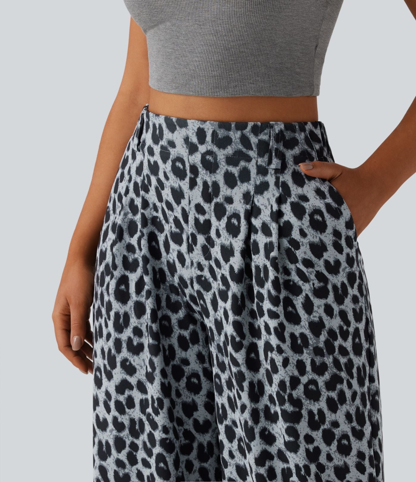 Pantalon large décontracté taille haute imprimé léopard en tissu gaufré avec poches