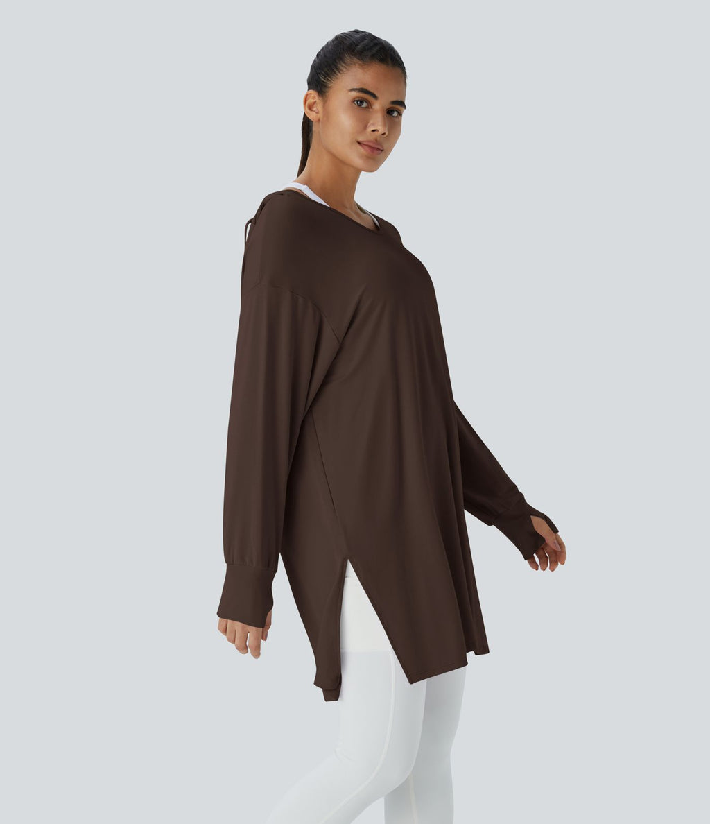 Sweatshirt Casual à Capuche Encolure en V Cordon de Serrage Trou pour le Pouce Fente et Coupe Longue
