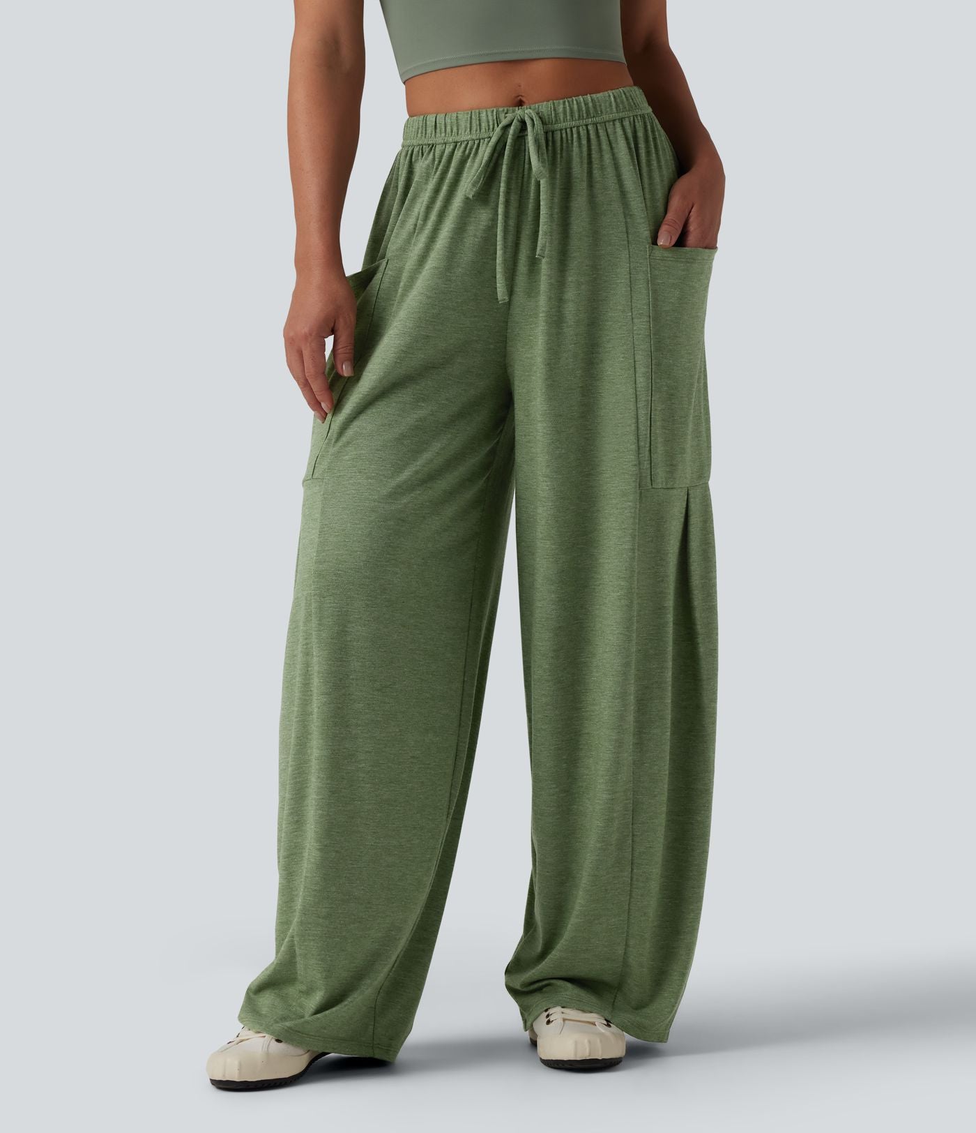 Pantalon large décontracté chiné taille mi-haute avec cordon de serrage avec poches