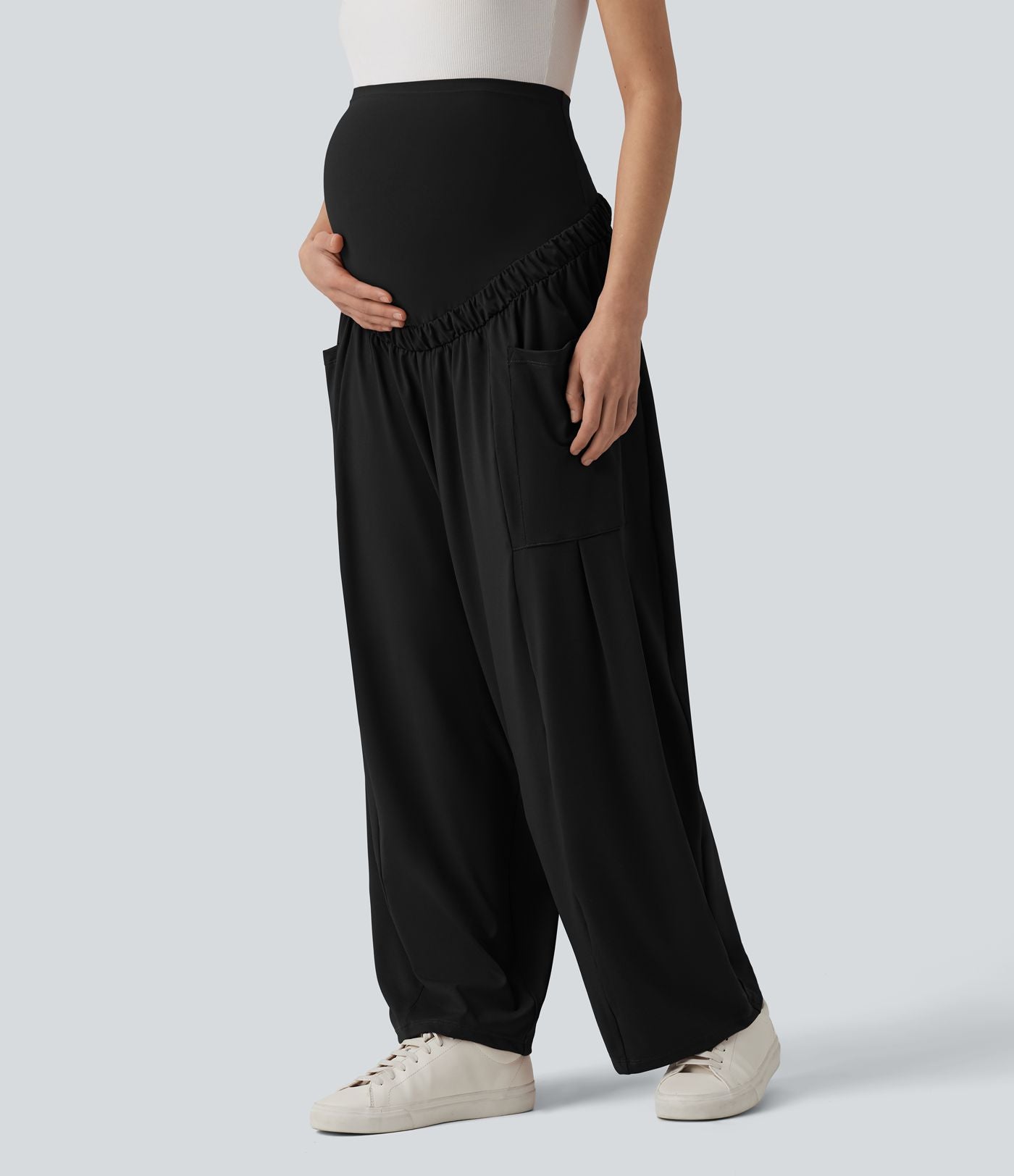 Pantalon de grossesse casual ample taille super haute avec cordon de serrage et poches