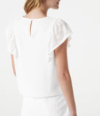 Blouse casual col rond avec découpe goutte d'eau au dos, dentelle contrastée et manches à volants
