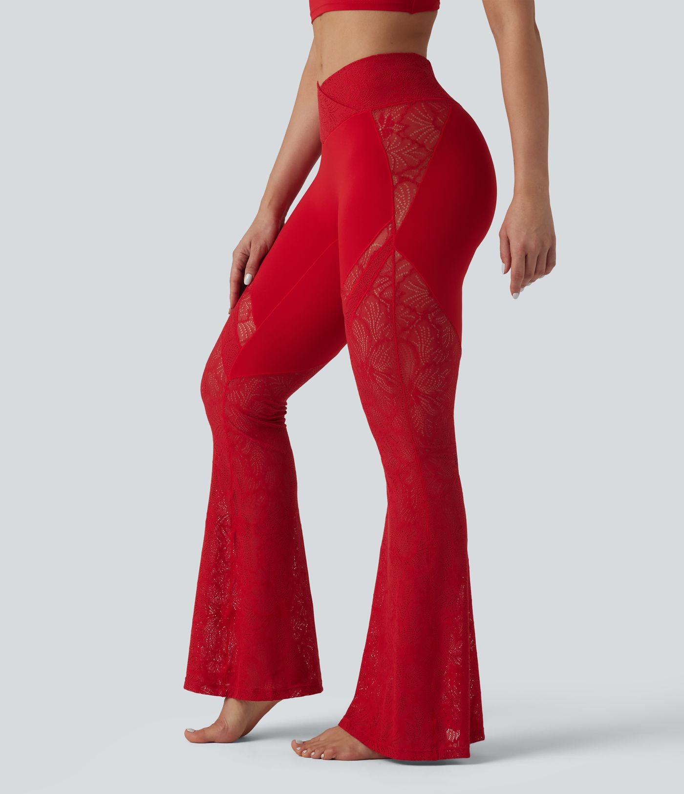 Pantalon de yoga évasé à taille haute croisée, poche arrière et dentelle