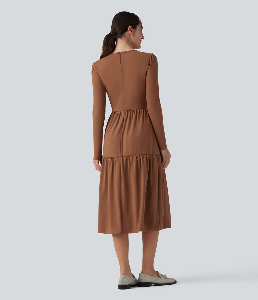 Robe tailleur mi-longue col rond manches longues ourlet à volants étagés