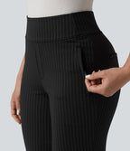 Pantalon tailleur évasé taille mi-haute à rayures, avec poches