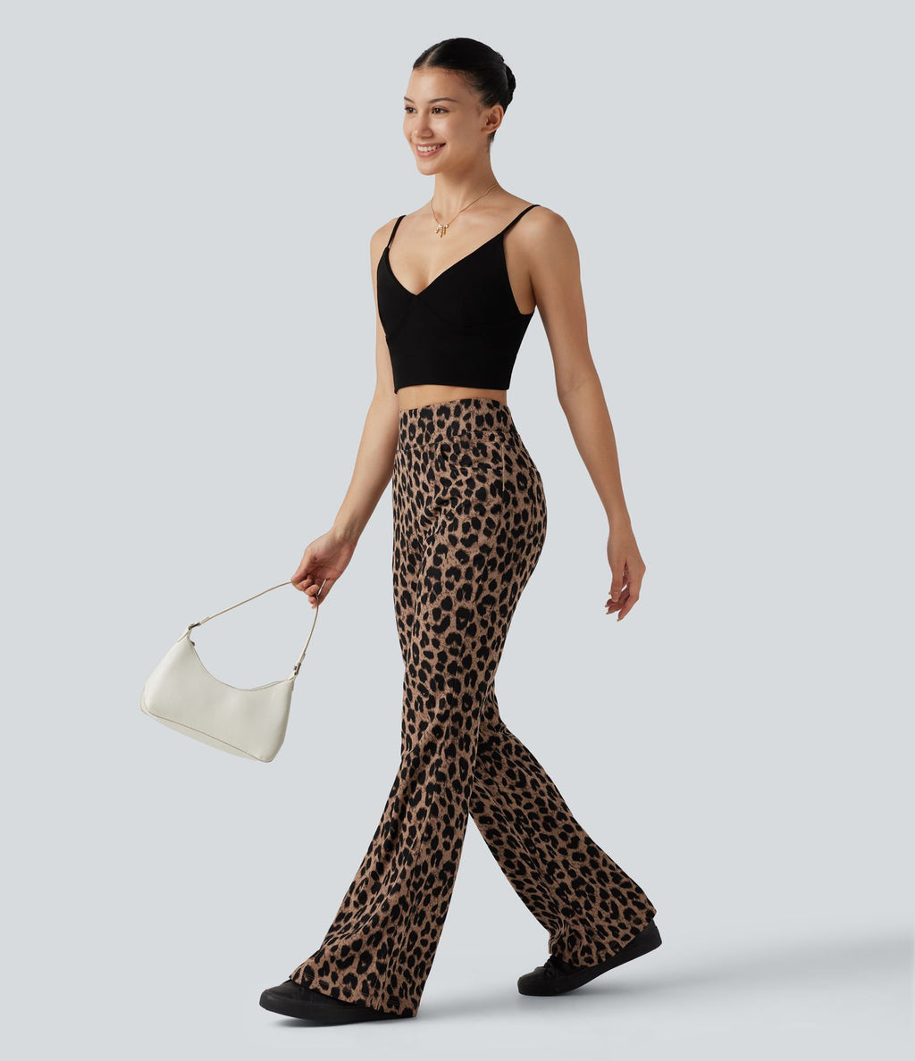 Pantalon flare taille haute en tissu gaufré imprimé léopard avec poches