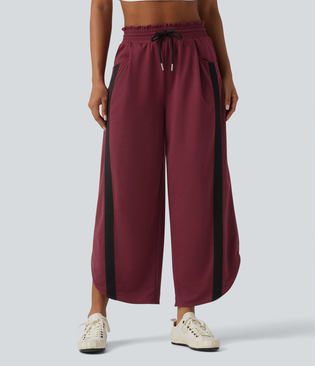 Pantalon de jogging casual large color block taille haute avec cordon de serrage, ourlet courbe et poches