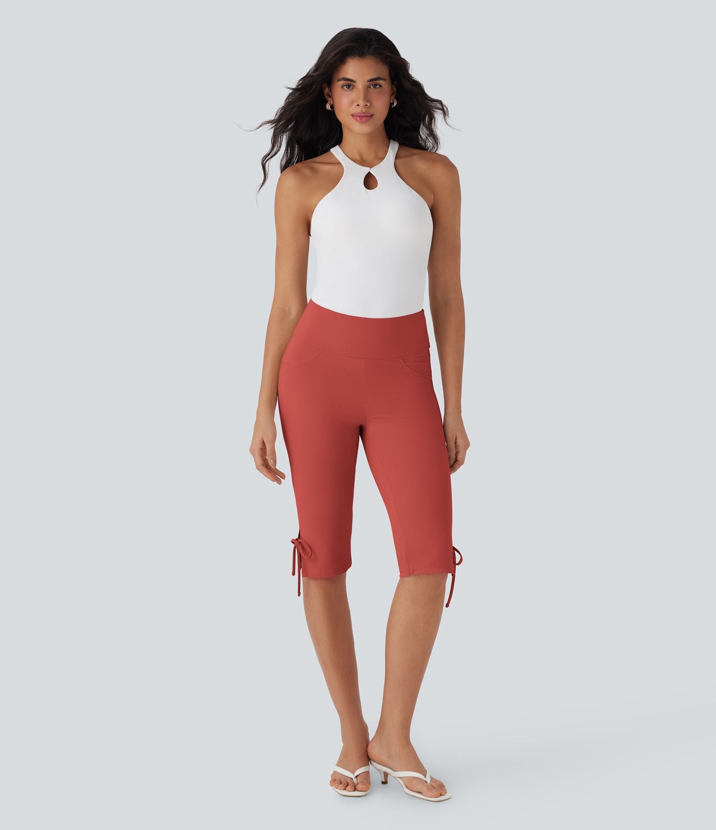 Pantalon corsaire décontracté taille moyenne à laçage avec poches arrière