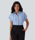 Chemise à col, manches courtes, rayures, boutonnage et aspect lin pour le travail