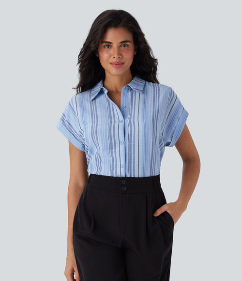 Chemise à col, manches courtes, rayures, boutonnage et aspect lin pour le travail