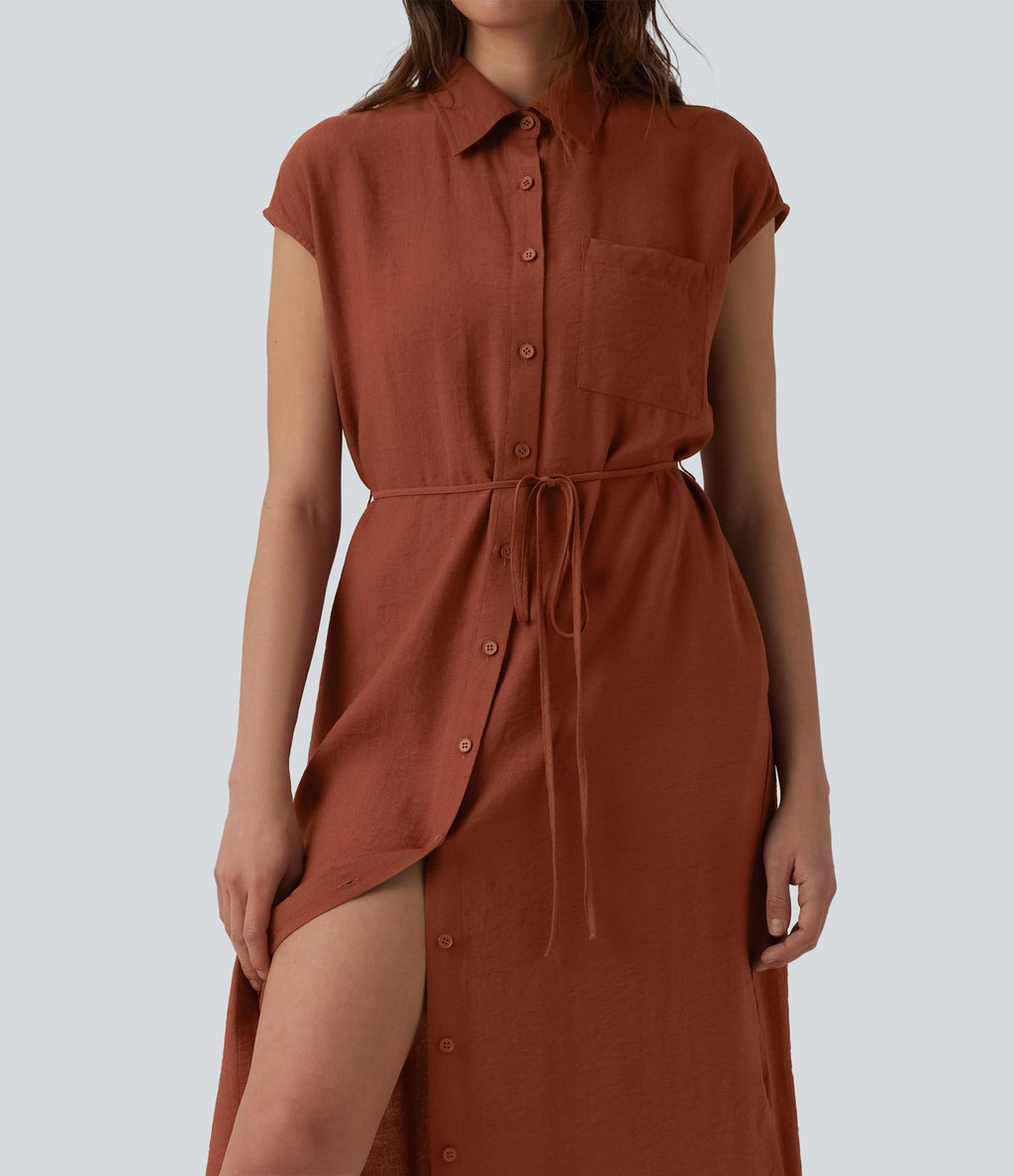Robe chemise casual mi-longue col manches courtes ceinturée ourlet arrondi avec fente et poches