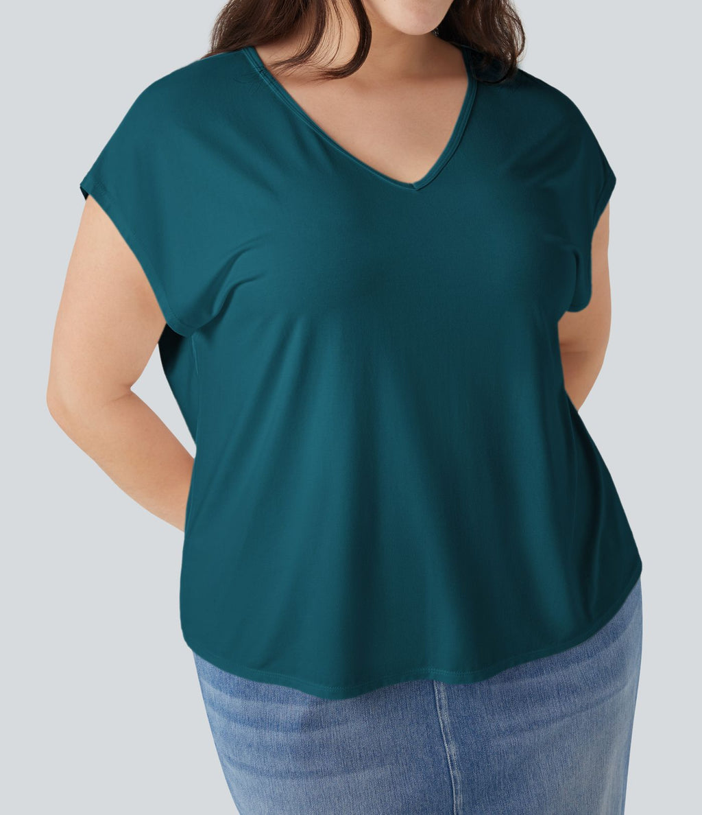 T-shirt décontracté grande taille col V manches courtes