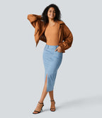 Halara Flex™ Jupe en Jean Midi Casual Tricot Extensible Taille Haute Poches Multiples