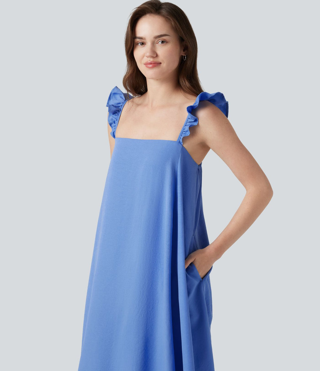 Robe casual fluide midi sans manches col carré avec bordure à volants et poches