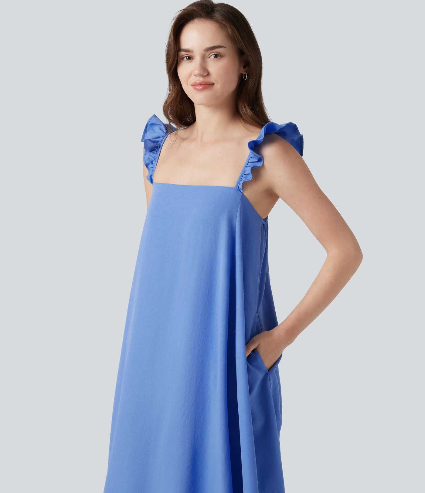 Robe casual fluide midi sans manches col carré avec bordure à volants et poches