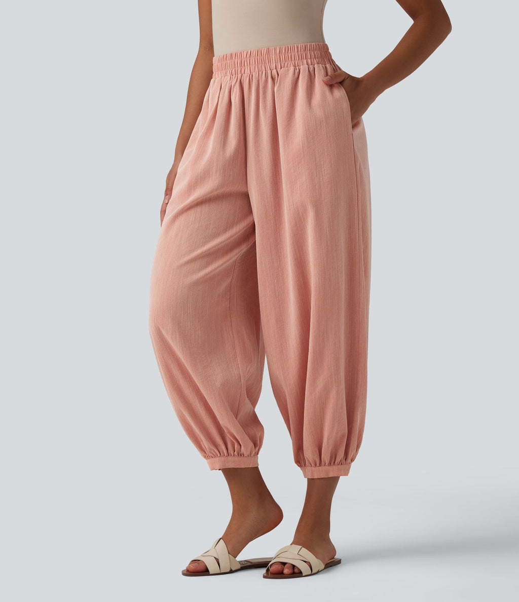 Pantalon décontracté coupe ballon taille haute aspect lin avec poches