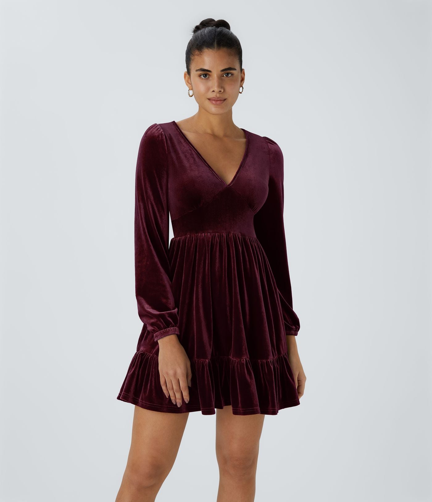 Quotidien Robe de Soirée Mini en Velours à Encolure en V Profond et Ourlet Volanté