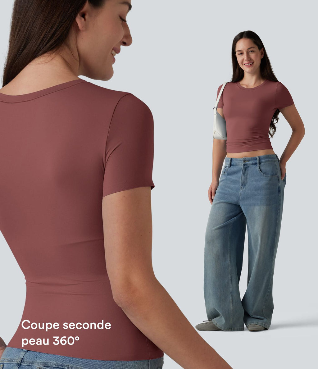 T-shirt décontracté col rond échancré à manches courtes avec soutien-gorge intégré bonnets B-DD