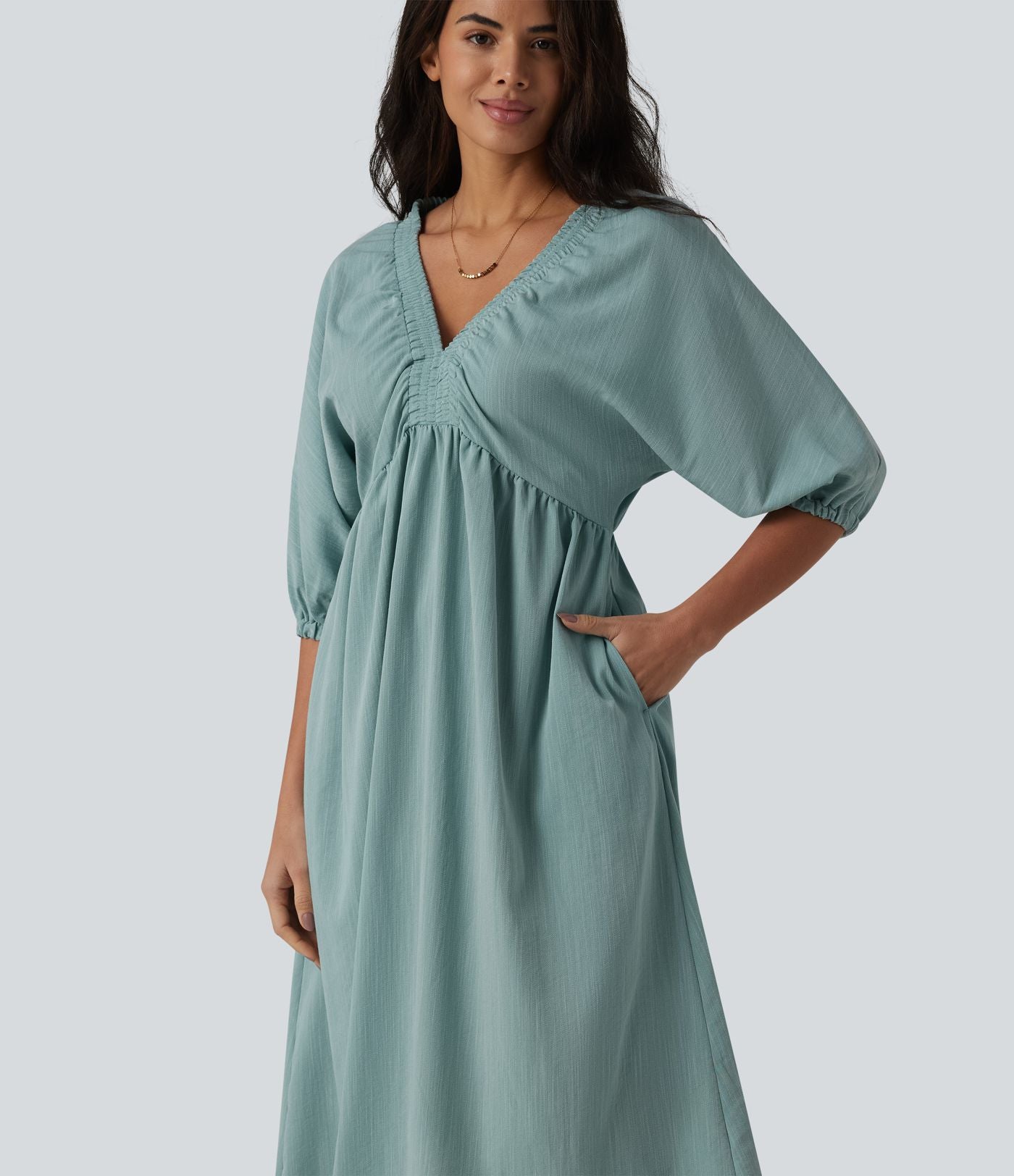 Robe midi casual col V à manches trois-quarts aspect lin, avec poches